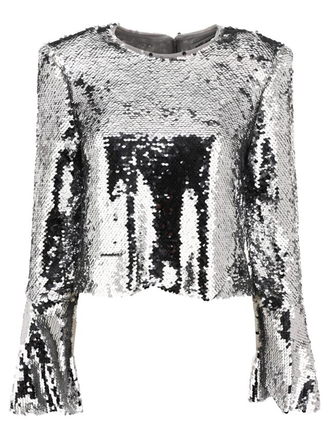 Self Portrait Sequinned Flared Top In Silver Product Image