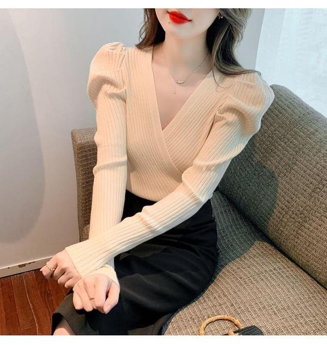 Long-Sleeve V-Neck Plain Ribbed Slim Fit Knit Top Product Image