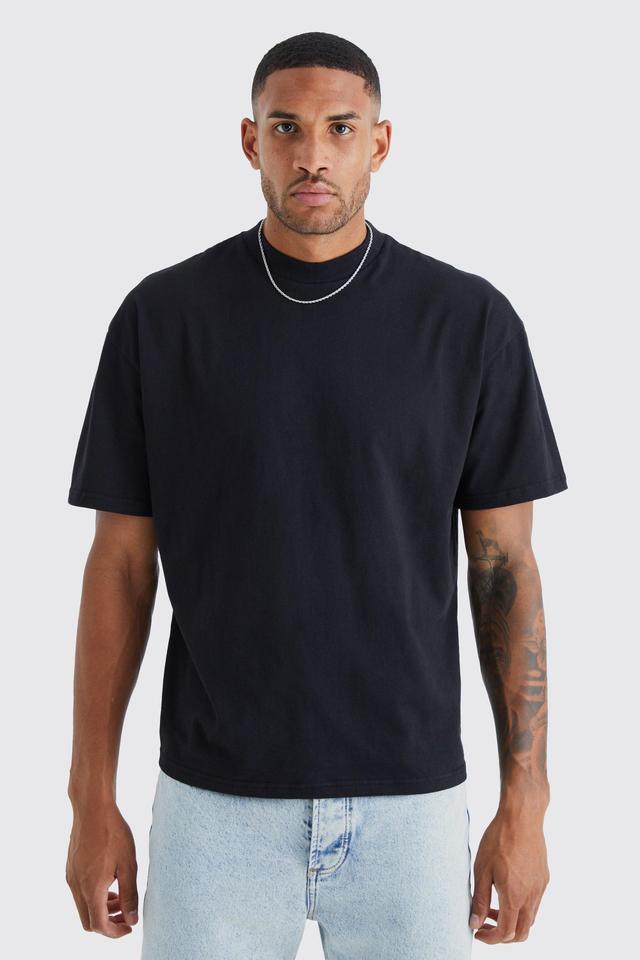 Mens Black Tall Oversized Extended Neck Heavy T-shirt, Black Product Image