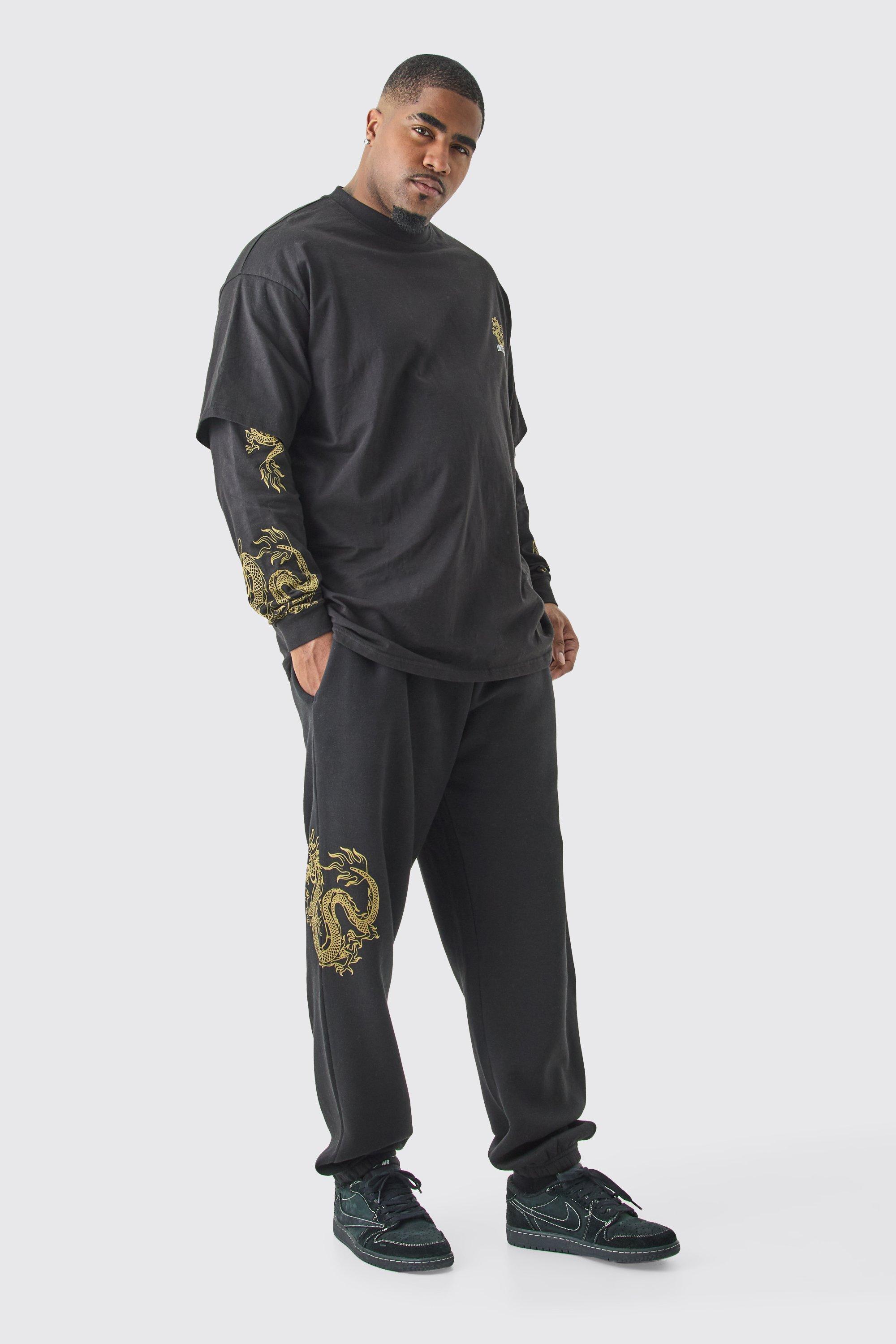 Plus Oversized Dragon Faux Layer T-shirt Tracksuit | boohooMAN USA Product Image