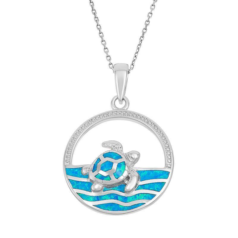 Lab-Created Blue Opal Sterling Silver Turtle & Sea Pendant Necklace, Womens Product Image