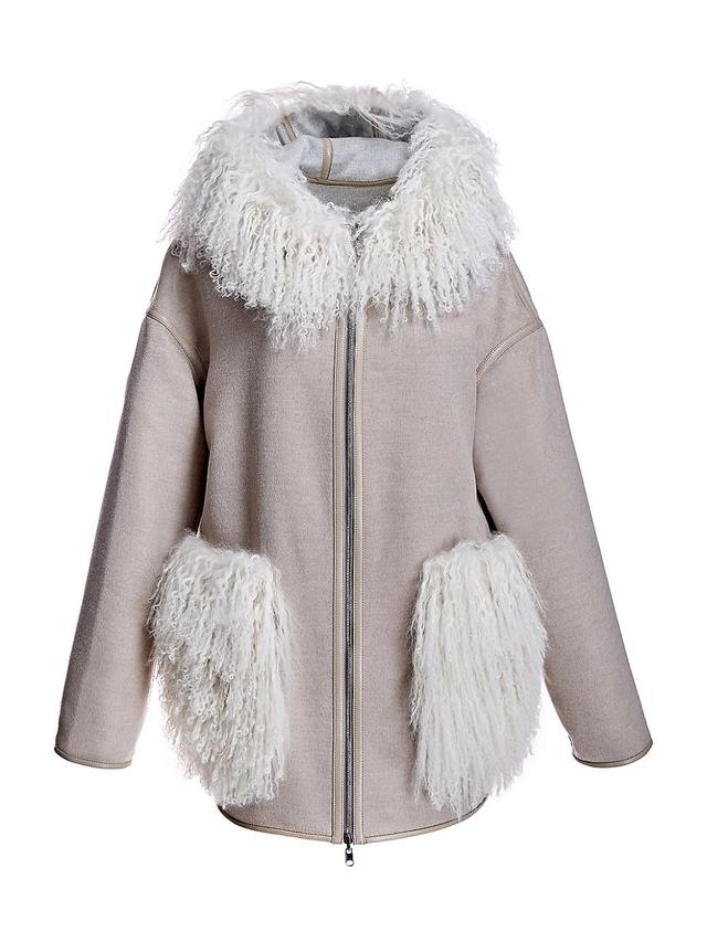 Womens Hooded Woolblend Jacket with Mongolian Lamb Trim Product Image