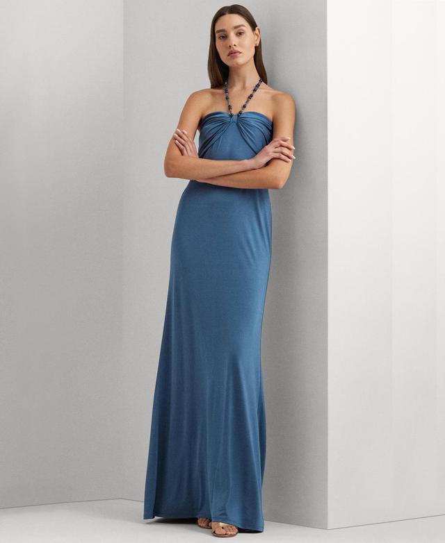 Women's Beaded Halter Jersey Gown Product Image