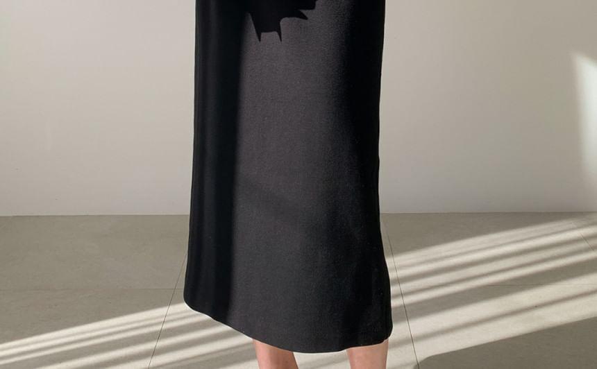 Long-Sleeve Round Neck Plain Slit Midi Sheath Dress Product Image