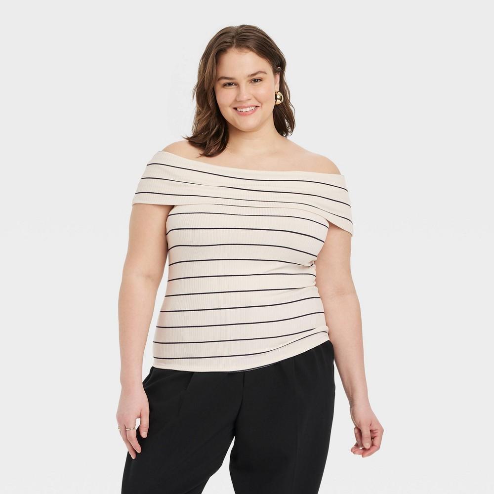 Womens Slim Fit Short Sleeve Off the Shoulder Top - A New Day White/Navy Striped 3X Product Image