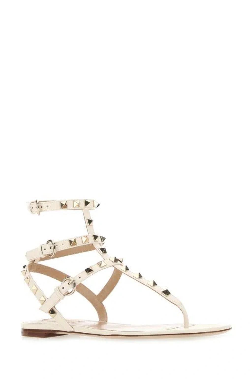 Ivory Leather Rockstud Thong Sandals In White Product Image