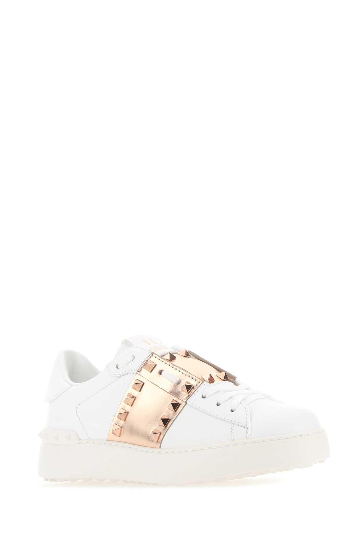 VALENTINO GARAVANI White Leather Rockstud Untitled Sneakers With Gold Rose Band Product Image