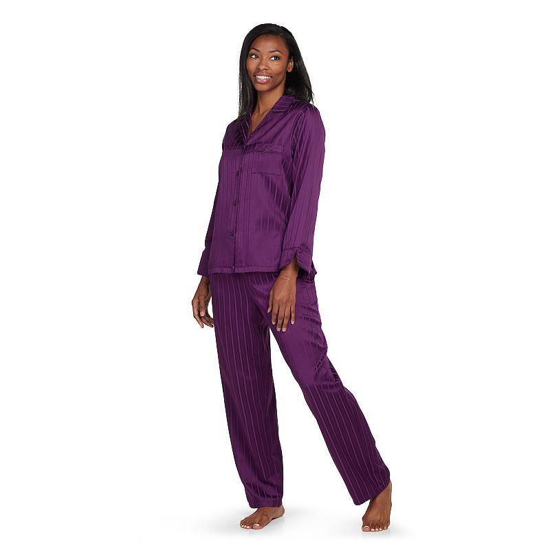 Womens Miss Elaine Essentials Brushed Back Satin Pajama Top & Pant Set Product Image