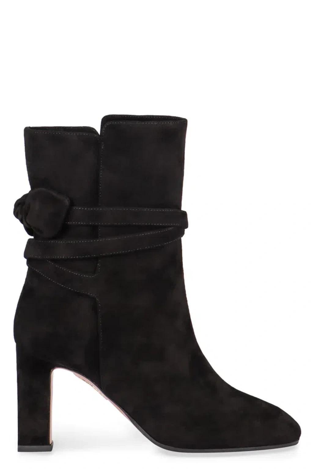 AQUAZZURA Very Bow Tie Suede Ankle Boots In Black Product Image