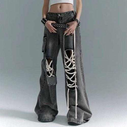 Low Rise Washed Lace-Up Wide Leg Jeans Product Image