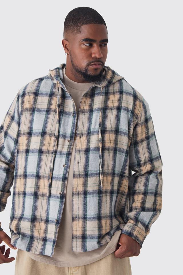 Plus Hooded Regular Fit Plaid Shirt | boohooMAN USA Product Image