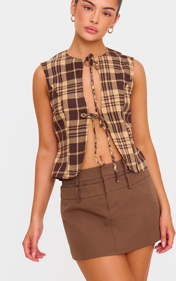 Brown Check Print Tie Front Vest Product Image