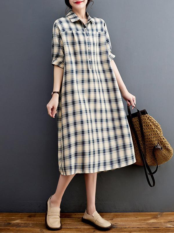 Half Sleeves Loose Plaid Lapel Midi Dresses Product Image