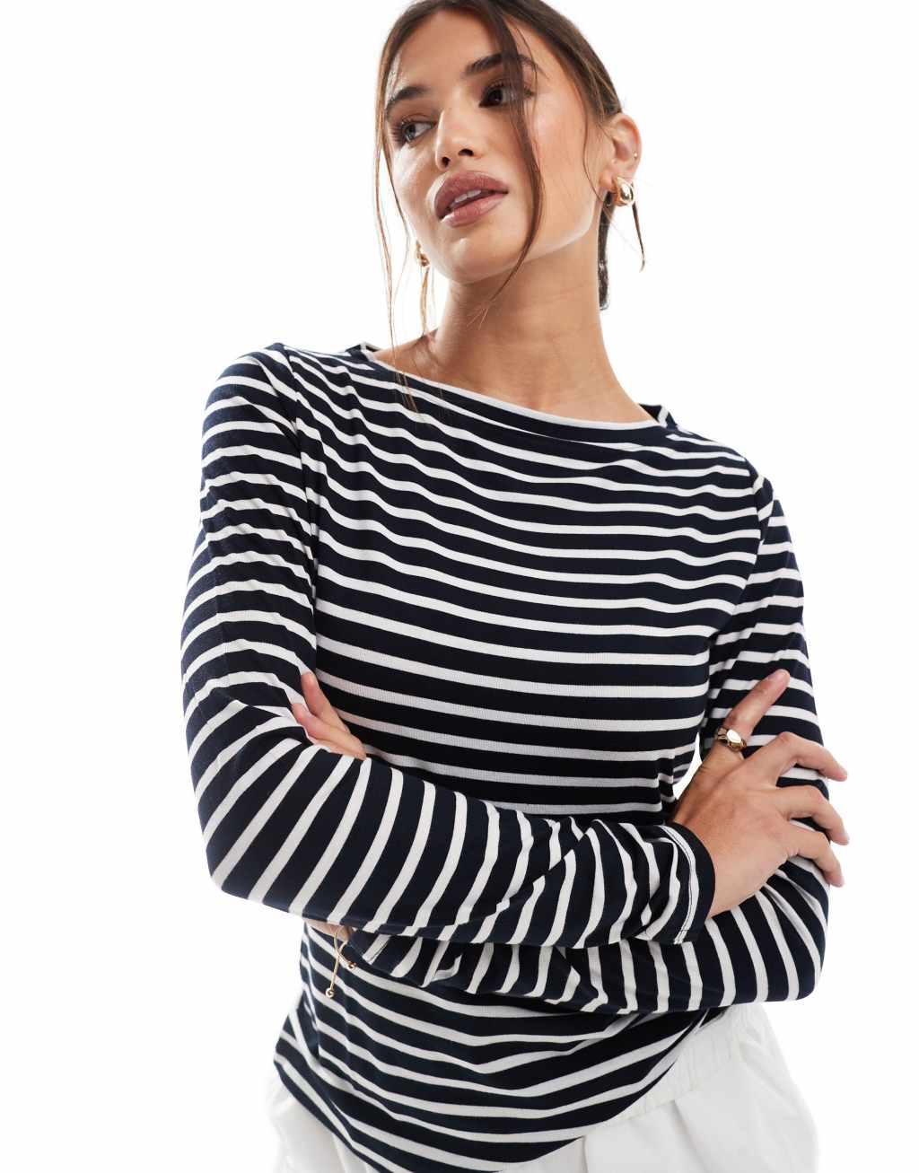 ASOS DESIGN long sleeve striped t-shirt in navy Product Image