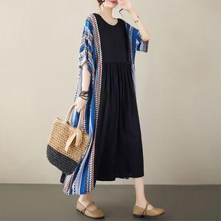 Maternity Elbow Sleeve Round Neck Patterned Print Midi A-Line Dress Product Image