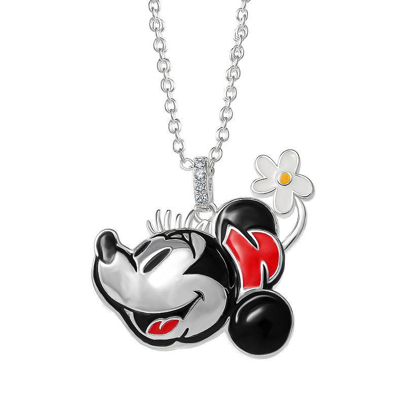 Disneys Minnie Mouse D100 Cubic Zirconia Pendant Necklace, Womens Silver Tone Product Image