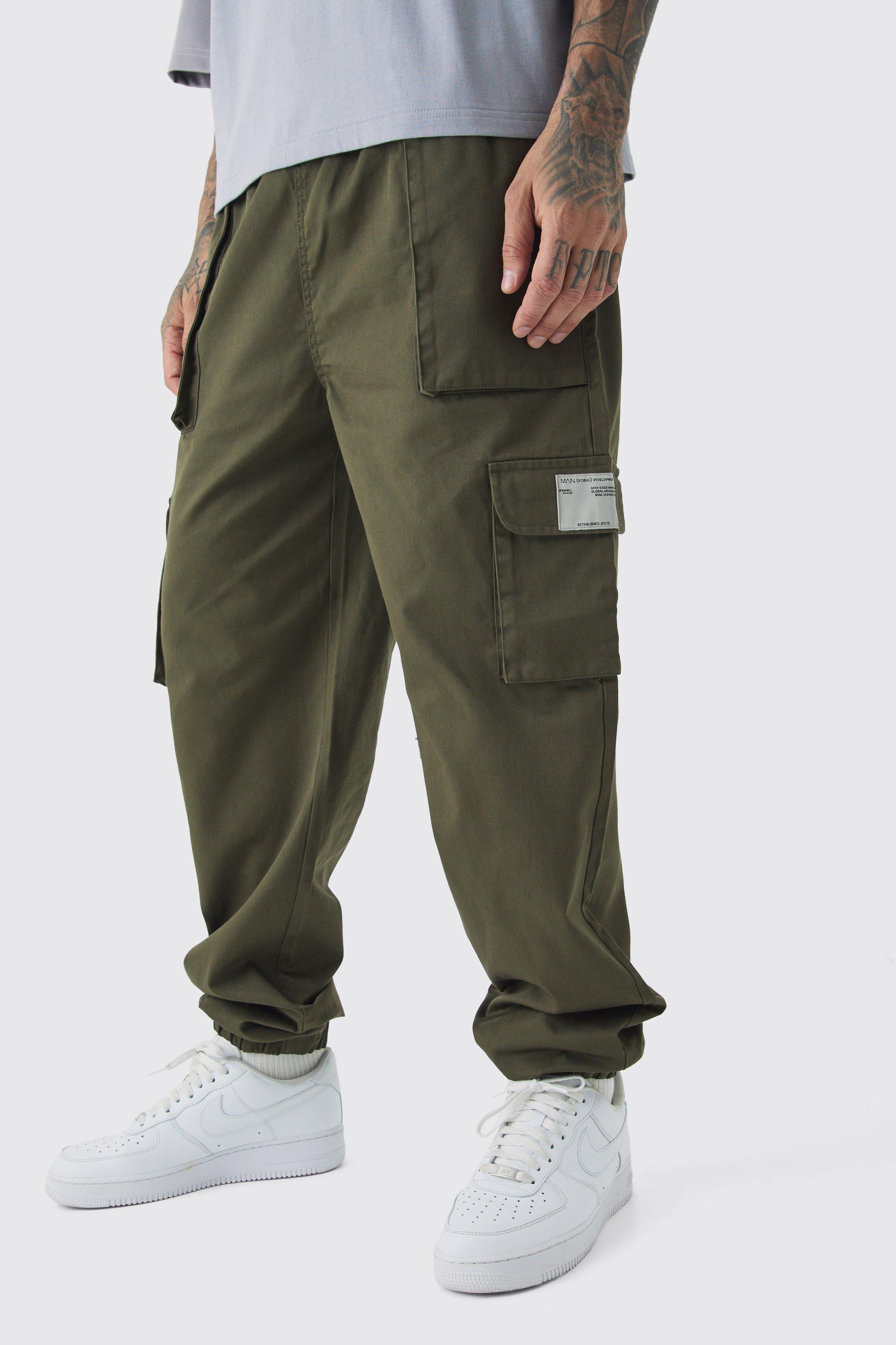 Tall Cuffed Hem Woven Tab Cargo Pants In Khaki | boohooMAN USA product image