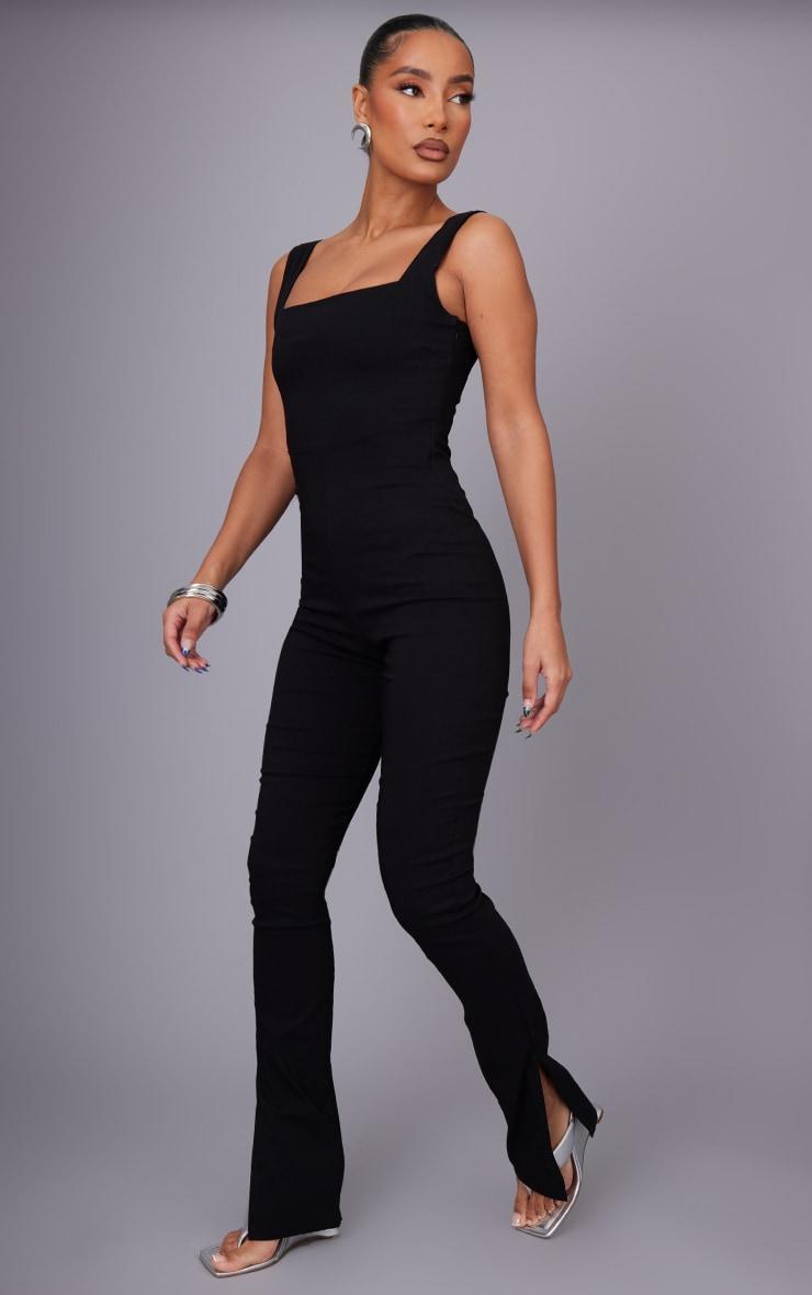 Black Square Neck Thick Strap Stretch Woven Jumpsuit Product Image