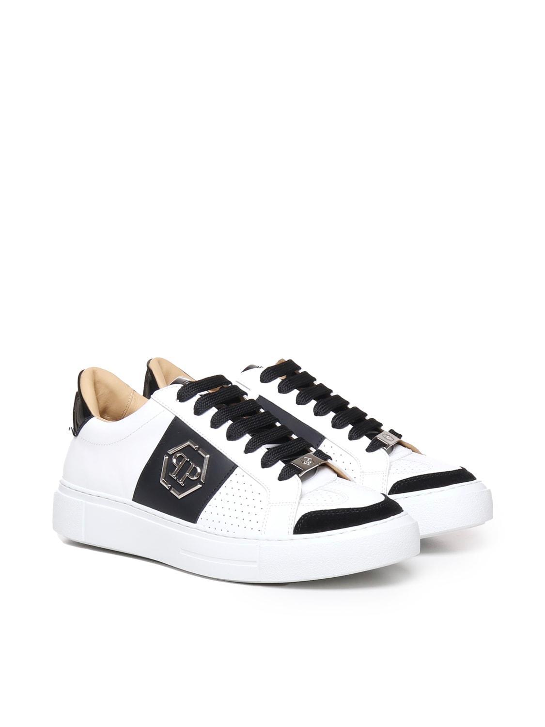 PHILIPP PLEIN Hexagon Low-top Leather Sneakers In White/black Product Image