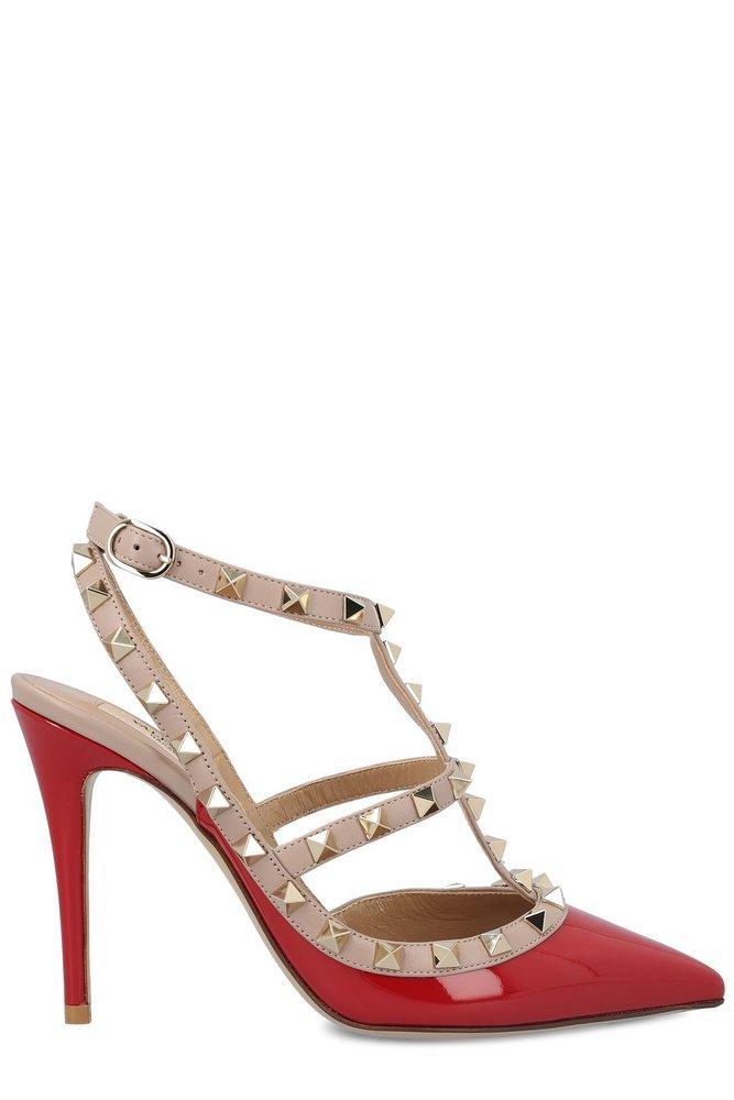 Rockstud Pointed Toe Caged Pumps In Red Product Image