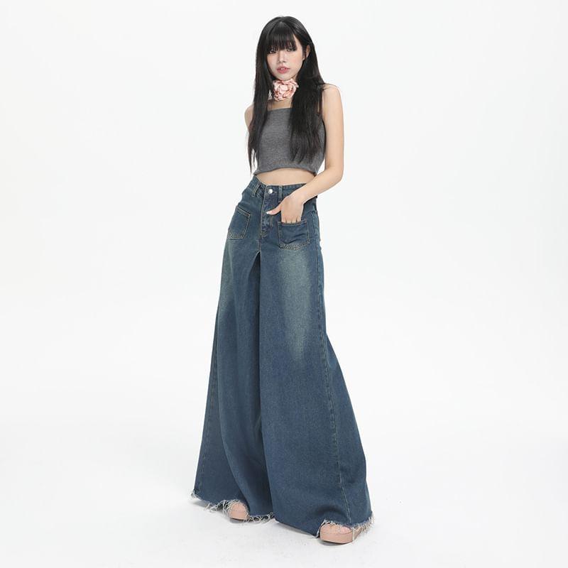 High Rise Washed Frayed Wide Leg Jeans (Various Designs) Product Image