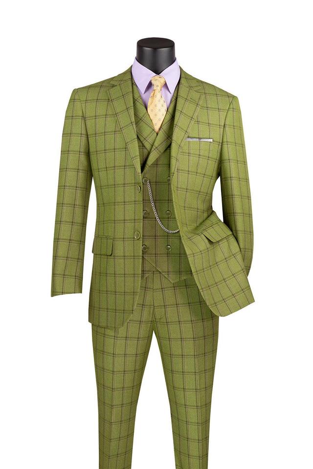 Lazio Collection - Modern Fit Windowpane Suit 3 Piece in Moss Green Product Image