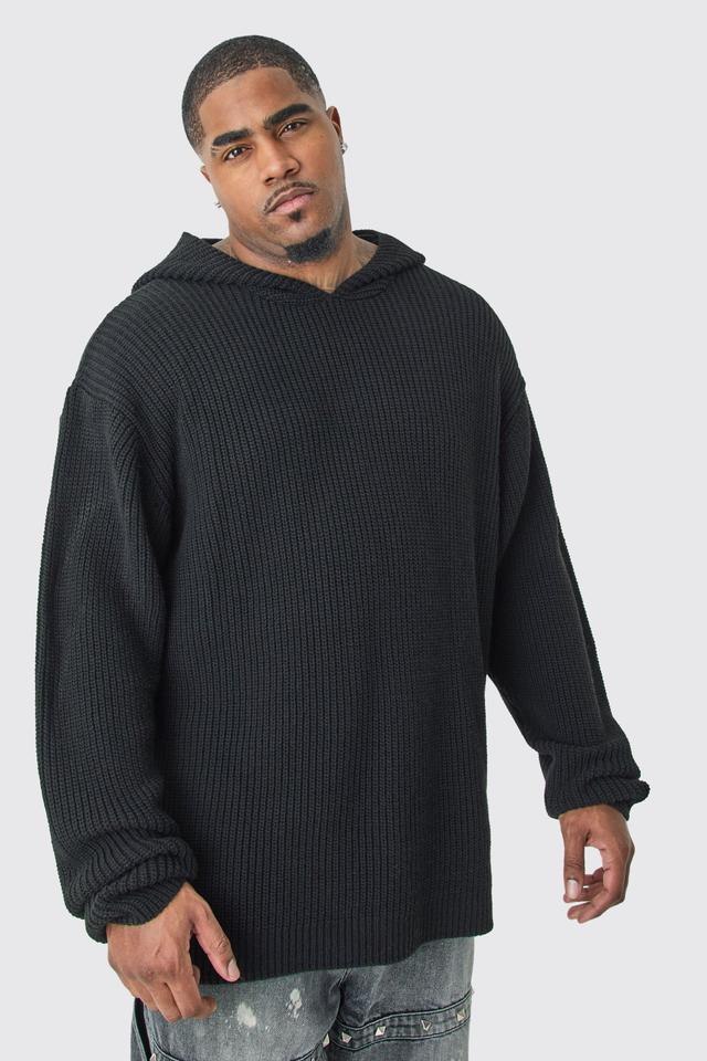 Plus Boxy Oversized Knitted Hoodie In Black | boohooMAN USA Product Image