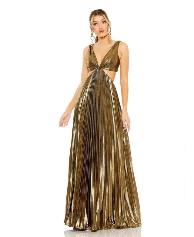 Mac Duggal Metallic Pleated V-Neck Sleeveless Waist Cut Product Image