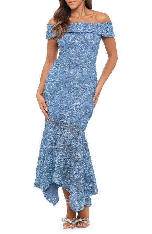 Xscape Evenings Embroidered Off the Shoulder Midi Cocktail Dress Product Image