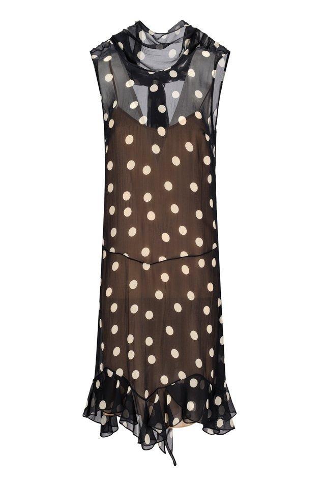 Polka Dots Print Ruffled Dress In Black & Cream Product Image