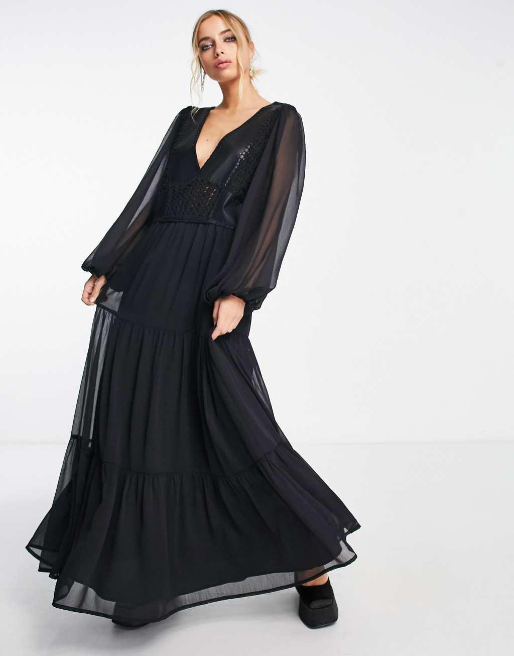 ASOS DESIGN crochet and leather look patchwork detail maxi dress in black Product Image