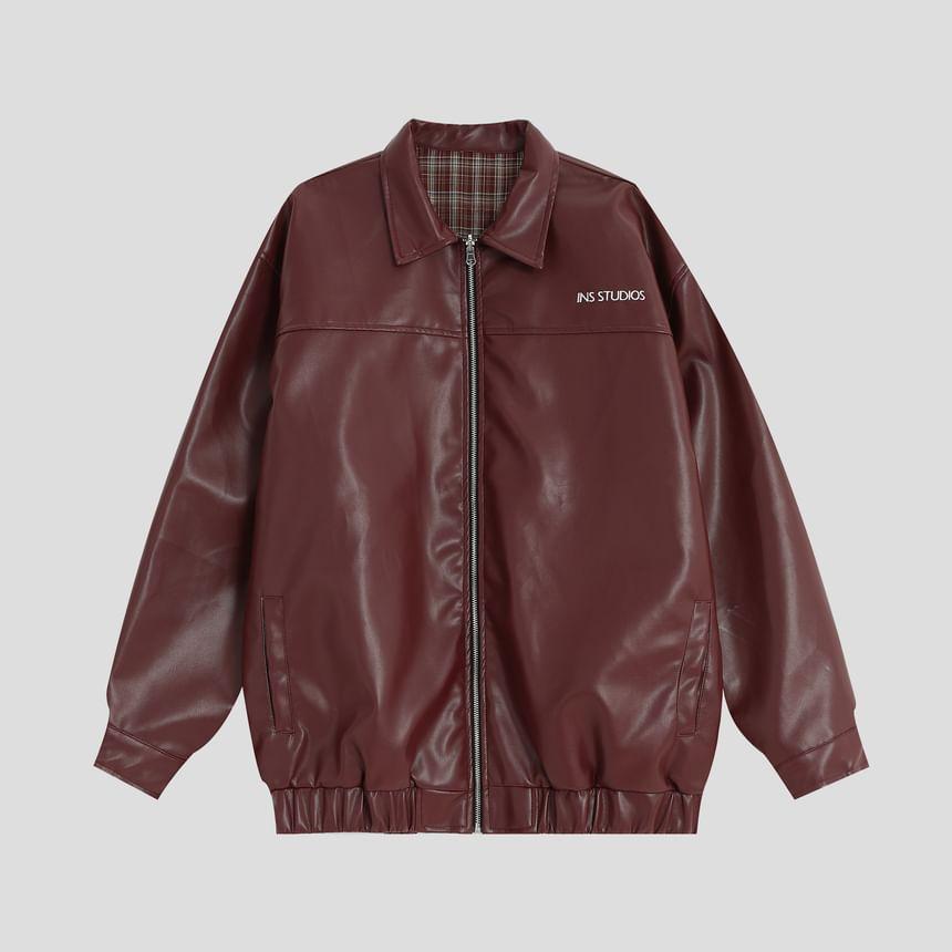 Collared Faux Leather Zip-Up Jacket Product Image