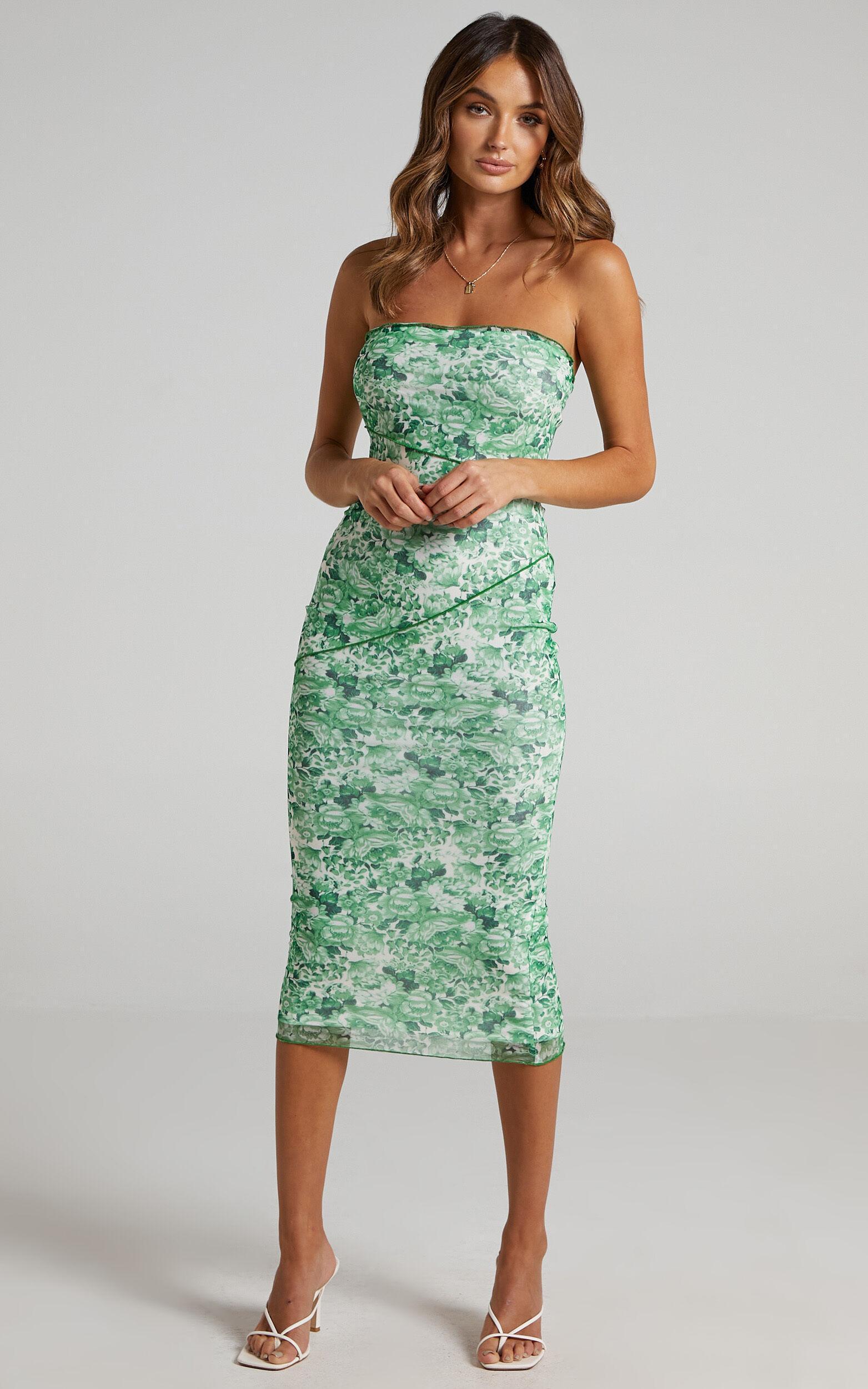 Brunetta Midi Dress - Strapless Mesh Dress in Green Furnishing Florals Product Image