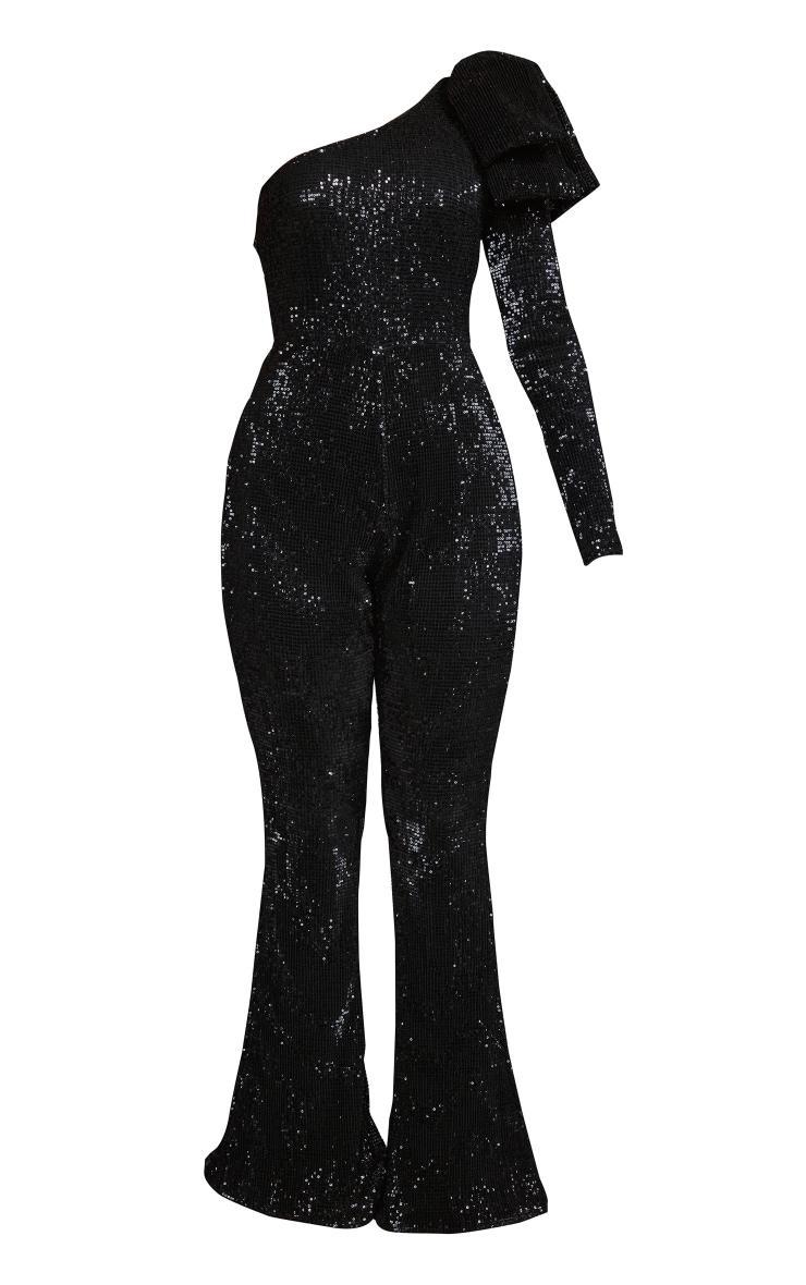 Black Sequin Bow One Shoulder Flared Jumpsuit Product Image