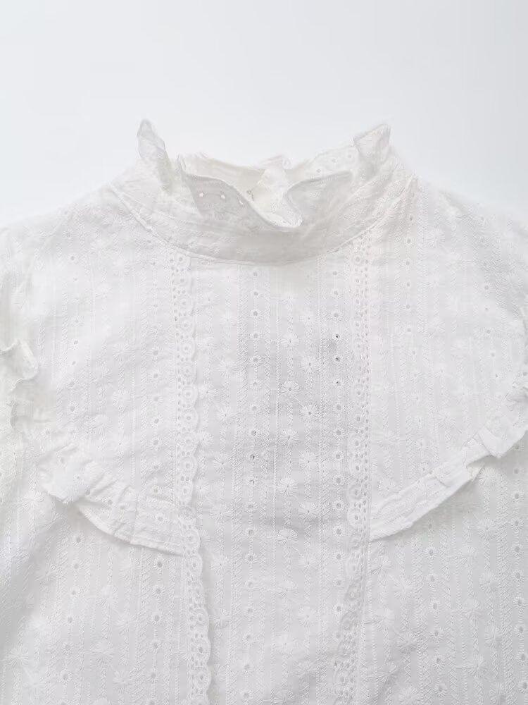 Puff-Sleeve Flower Embroidered Lace Trim Ruffle Blouse Product Image