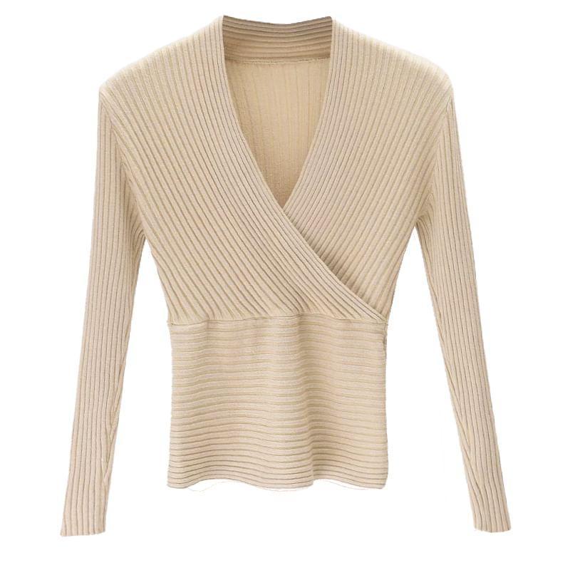 Long-Sleeve V-Neck Plain Ribbed Knit Top Product Image