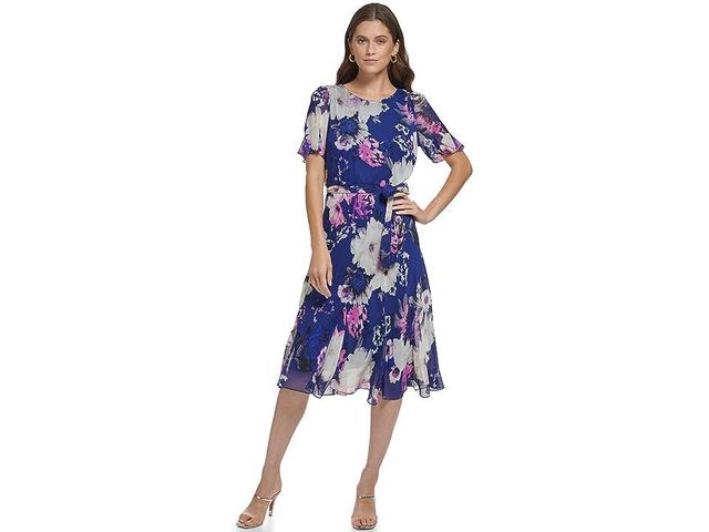 DKNY Godet Sleeve and Skirt Midi Dress (Blueprint/Raspberry ) Women's Dress Product Image