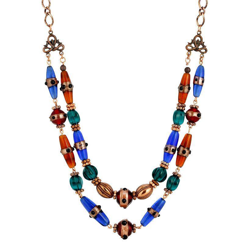 1928 Copper Tone Red & Blue Double Strand Beaded Necklace, Womens, Multicolor Product Image