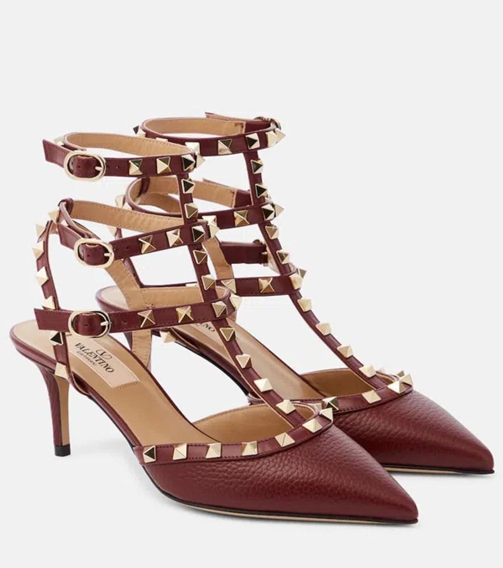 Rockstud Caged 65 Grainy Leather Ankle Strap Pump In Red Product Image