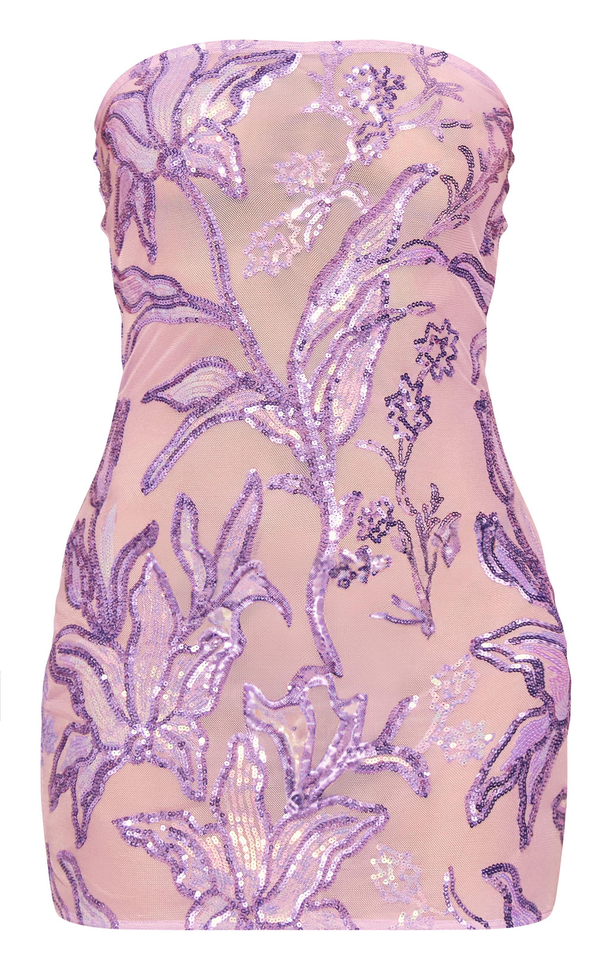 Purple Floral Sequin Bandeau Bodycon Dress Product Image