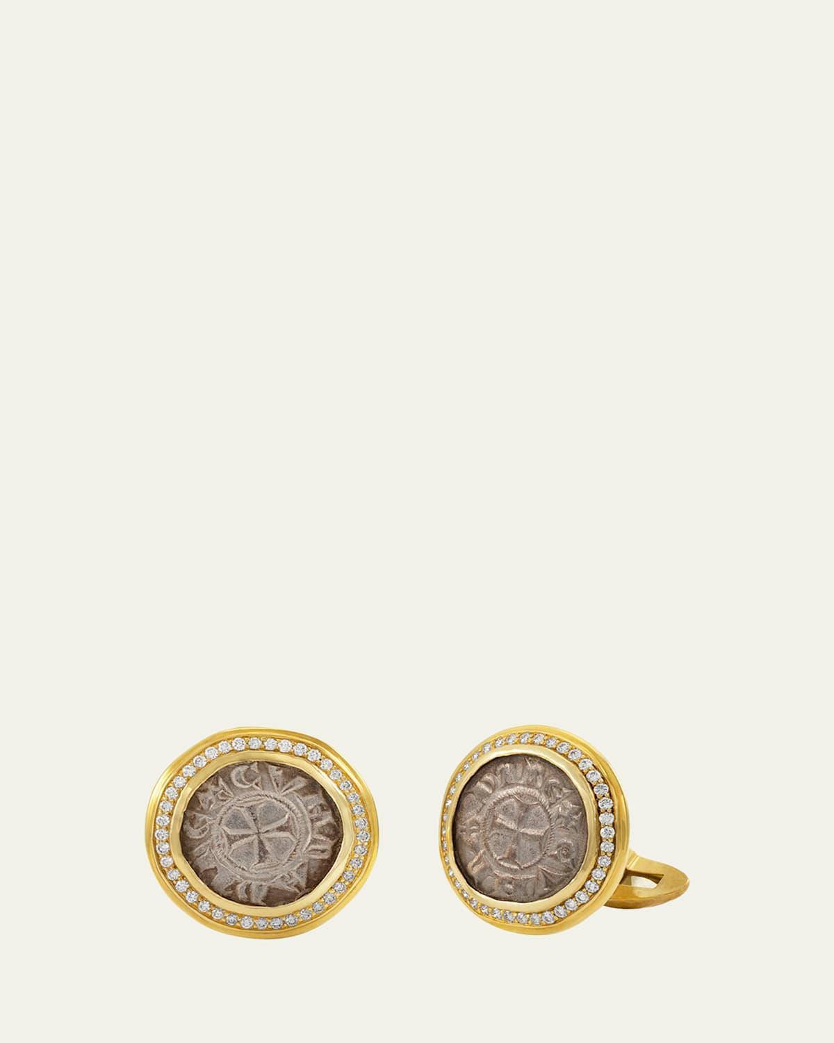 Mens 18K Gold Crusader Coin Cufflinks w/ Diamonds Product Image