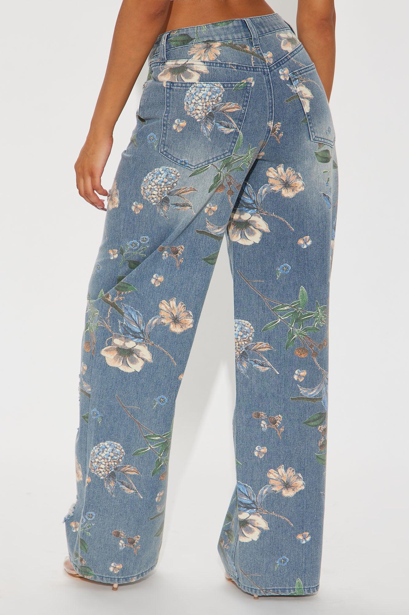 Blooming Love Floral Ripped Wide Leg Jeans - Medium Wash Product Image