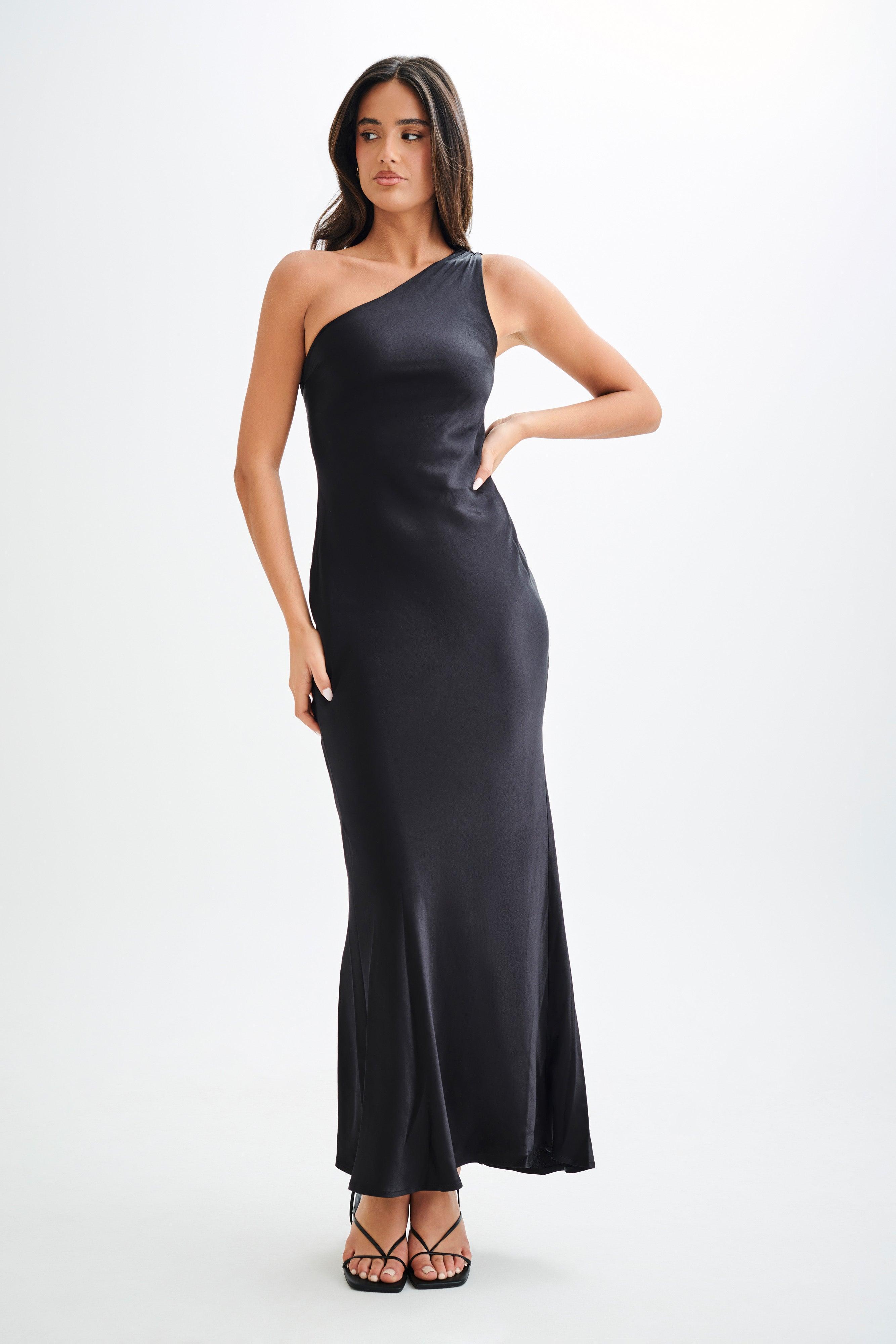 Camille One Shoulder Satin Maxi Dress - Black Product Image