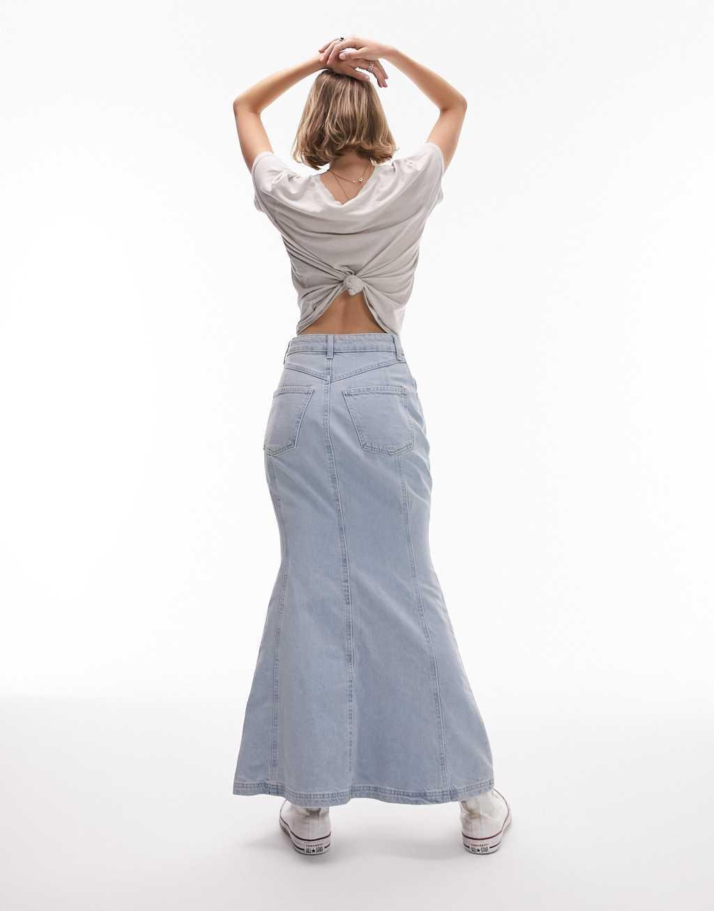 Topshop Petite high waist denim fishtail skirt in bleach Product Image