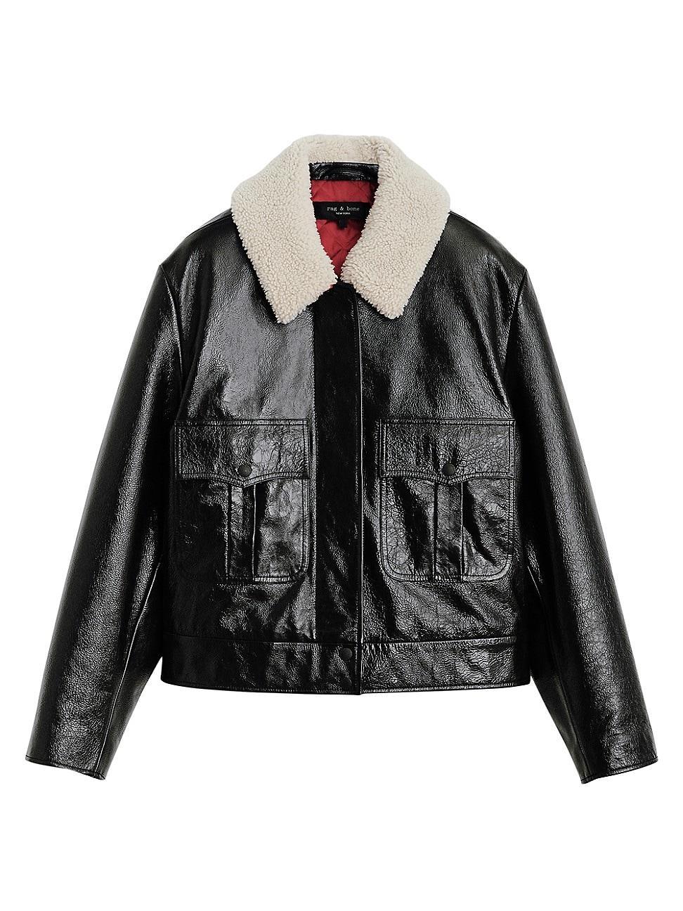 Womens Shearling-Collar Leather Jacket Product Image