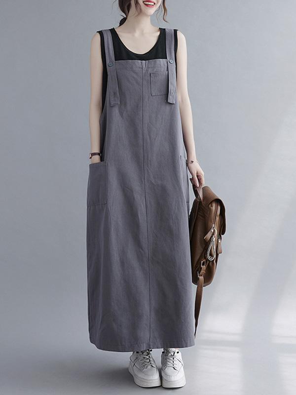 Casual Solid Color With Pocket Suspender Dress Product Image