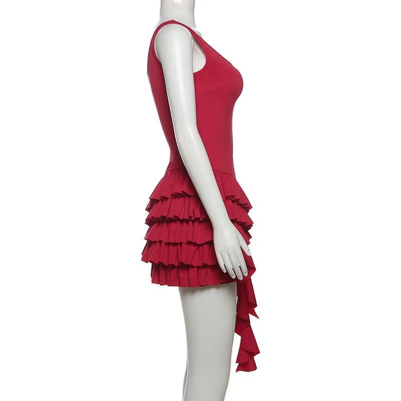 Sleeveless Crew Neck Plain Ruffle Tiered Mini A-Line Dress Product Image