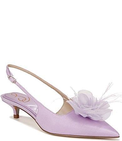 Sam Edelman Faye Satin Kitten Heel Slingback Sheer Flower and Feather Detail Pumps Product Image