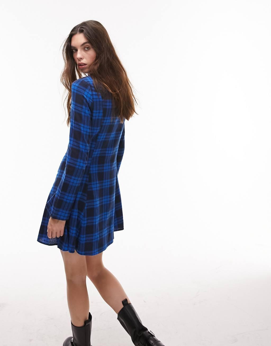 Topshop v neck brushed check mini shirt dress in blue check Product Image