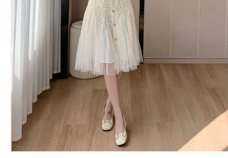 Long Sleeve V-Neck Lace Buttoned Midi A-Line Dress Product Image